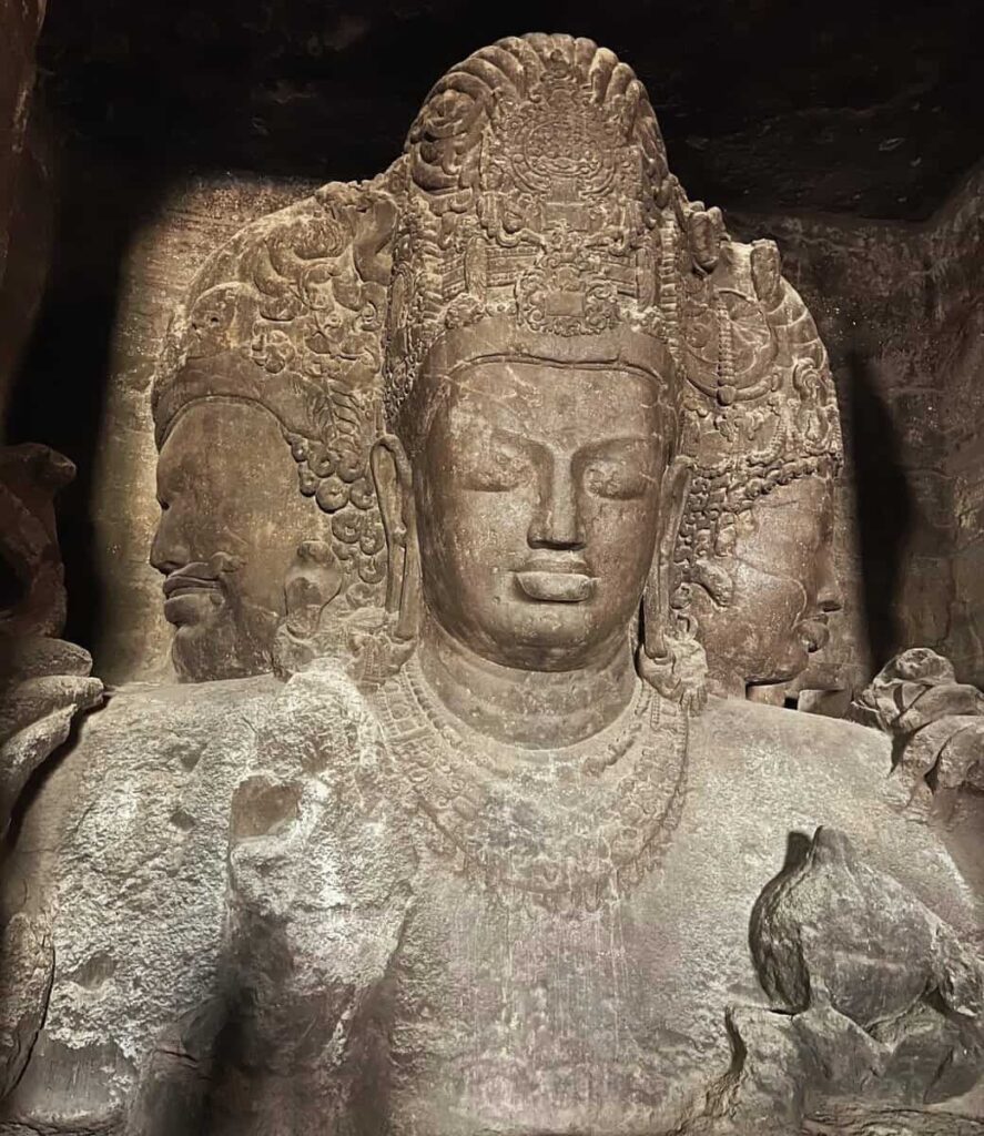 Sadashiva Trimurti sculpture inside Cave 1 at Elephanta Caves Mumbai