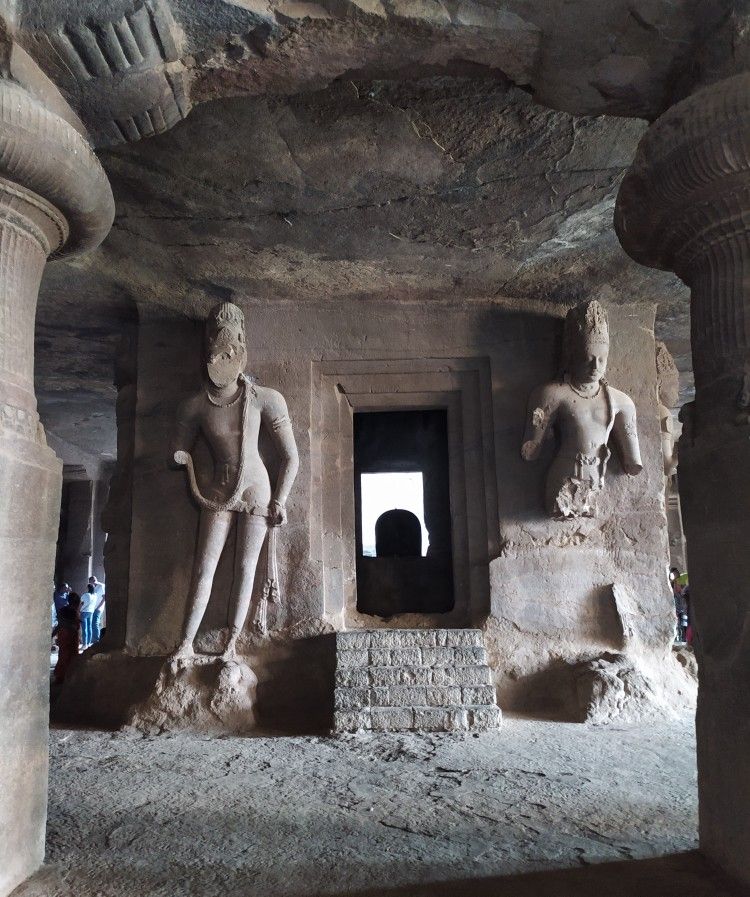 Rock-cut architecture and historic columns inside Elephanta Caves Mumbai